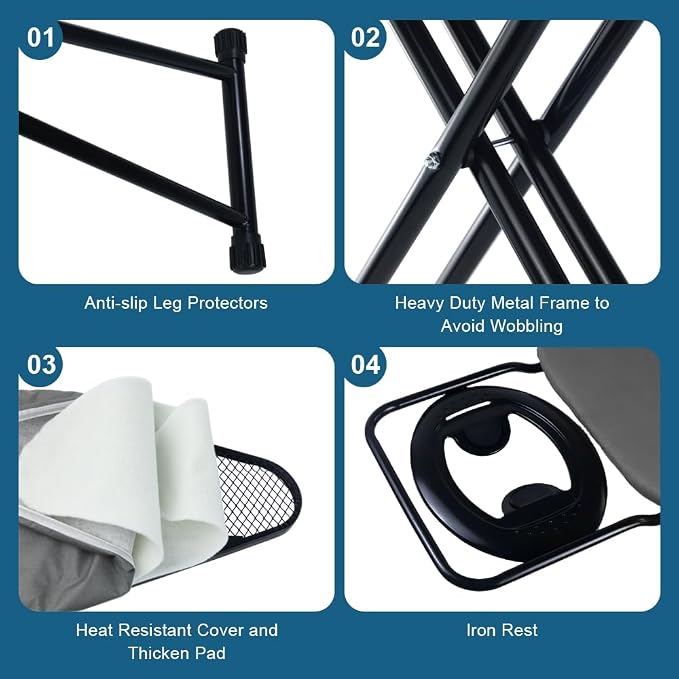 Ironing Board Full Size, Heat Resistant Cover Iron Board with Steam Rest, Ultra Thick Padding, Height Adjustable Heavy Sturdy Metal Frame Legs Ironing Stand,Non-Slip Foldable (54"x13", Round Rest)