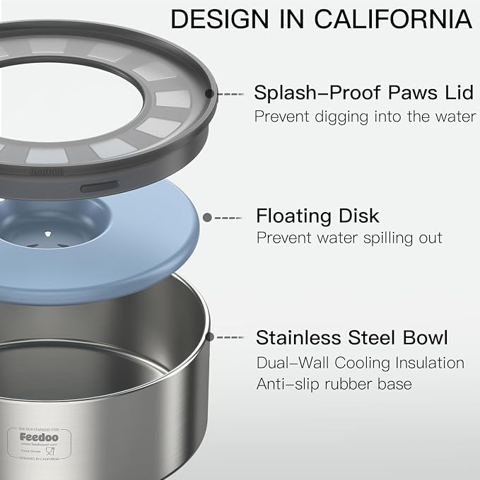 1Gallon No Spill Water Bowl for Dogs, Double-Wall Stainless Steel with Splash-Proof Paws Lid and Floating Disk, Non-Slip Base, Easy to Clean Slow Water Feeder for Large Medium Dogs