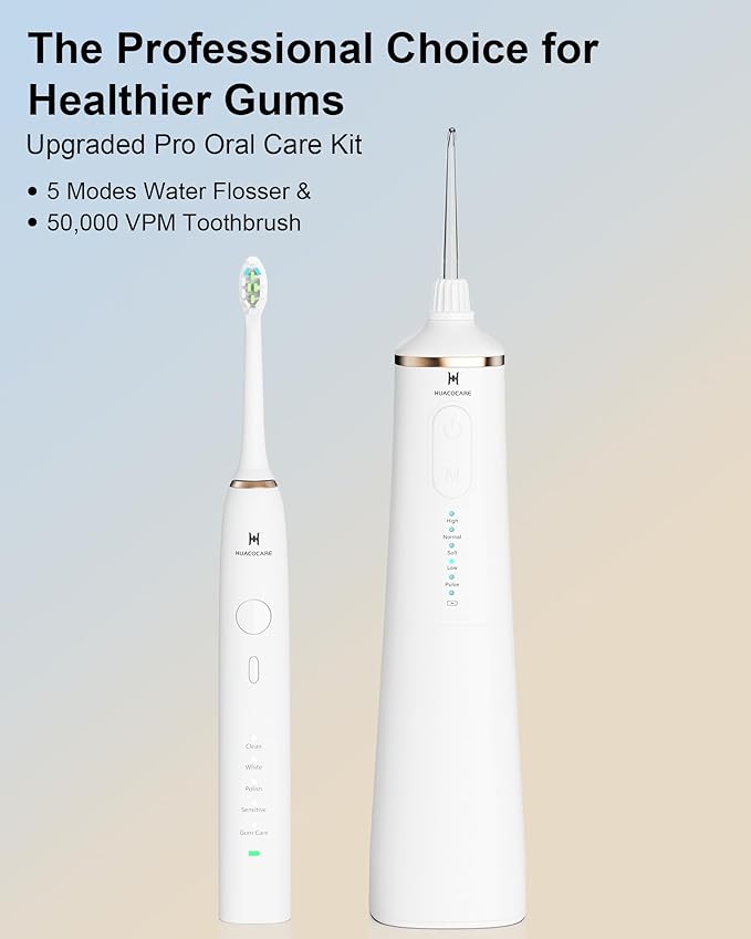 Upgraded Pro Dental Care Kit: 5-Mode Water Flosser & 50,000 VPM Sonic Electric Toothbrush | Premium Oral Clean Set with Enhanced Cleaning Modes, Larger Tank & Refined Design for Advanced Gum Health