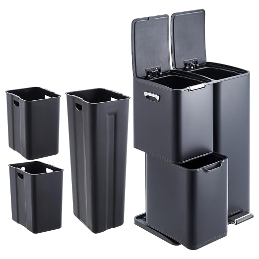 16 Gal Recycle Bins for Kitchen, Triple Compartment Garbage Can with Lid, Stainless Steel Trash and Recycling Bin Combo with Inner Bucket & Foldable Foot Pedal for Home Office, Black