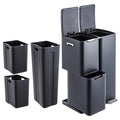 16 Gal Recycle Bins for Kitchen, Triple Compartment Garbage Can with Lid, Stainless Steel Trash and Recycling Bin Combo with Inner Bucket & Foldable Foot Pedal for Home Office, Black