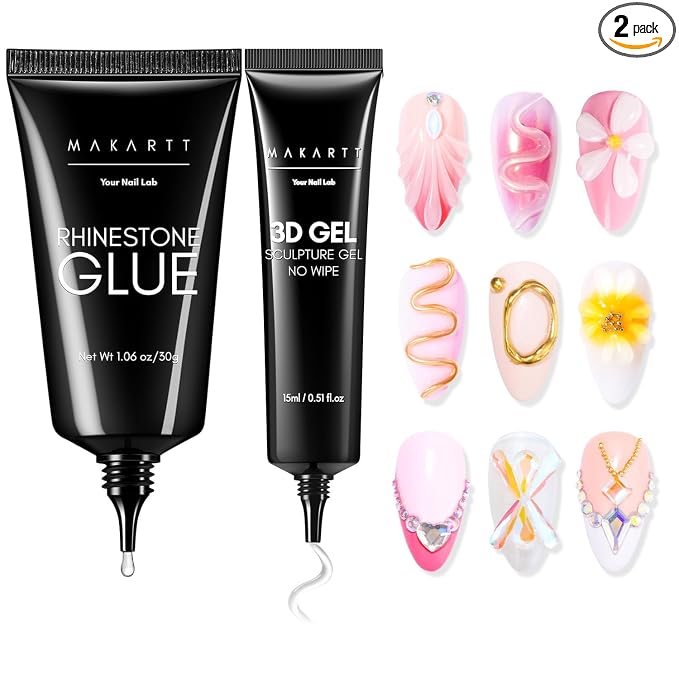 Makartt Rhinestone Glue for Nails with 3D Gel Nail Art Kit DIY Home Use | UV/LED Cured, 15ml Drawing Gel, Molding Gel, 30ML Gem Glue for Nail Charm, Embossed Designs, Rub Chrome Powder