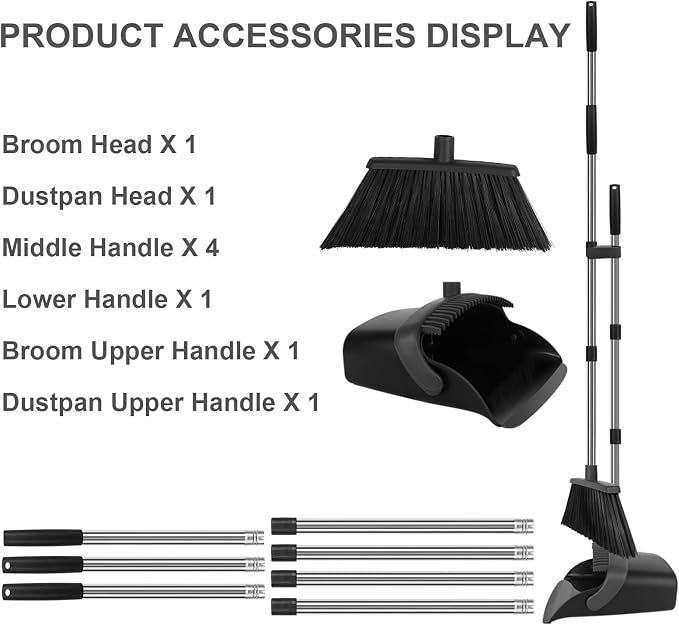 Broom and Dustpan Set, Heavy Duty Large Household Broom with Dustpan Combo Set, 55" Long Handle Black Dust Pan Kit for Kitchen Lobby Indoor Outdoor
