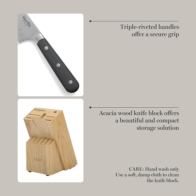 MARTHA STEWART Eastwalk 14 Piece High Carbon Stainless Steel Cutlery Knife Block Set w/ABS Triple Riveted Forged Handle Acacia Wood Block - Gray