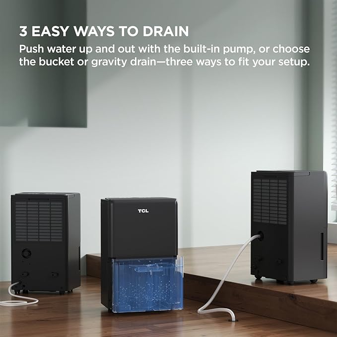TCL 50-Pint Capacity Quiet, Energy Efficient Portable Smart Dehumidifier with Pump, Bucket or Continuous Drain, Smart Home Compatible, Humidity Control for Home, Apartment, Rooms up to 4500 Sq Ft