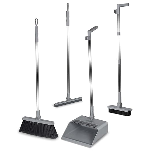 Broom and Dust Pan, Broom and Dustpan Set with Push Brooms, Self-Cleaning Comb & Space-Saving Design for Indoor Outdoor Cleaning (Grey)