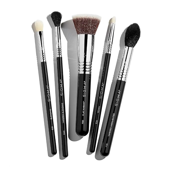 Sigma Beauty Most-Wanted Brush Set — Set of 5 Favorite Makeup Brushes for Foundation, Highlighter, Eyeshadow, Pencil Liner, and Blending (5 pcs)