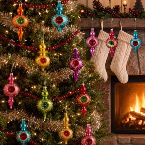 Soulchen 8 Pcs Vintage Glass Christmas Ornament with Reflector for Tree
