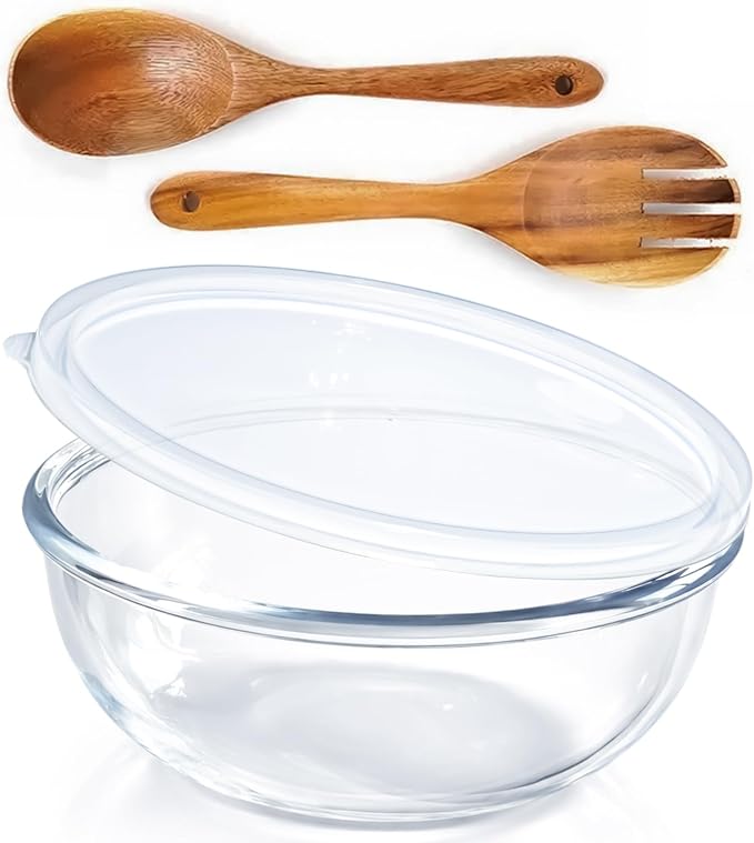 6.2Quart Large Glass Bowls with Lid,Thickened 12Inch Clear Glass Salad Cooking Bowls for Kitchen Salad Bread Storage, For Prepping, Marinating & Mixing Brining Kimch