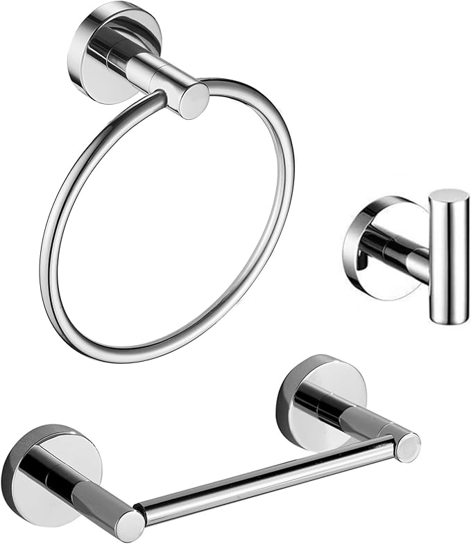 Chrome Bathroom Hardware, Polished Silver Toilet Paper Holder Towel Ring Robe Hook Wall Mount Hand Towel Holder Set Tissue Roll Holder with Double Post Accessories SUS304 Stainless Steel 3pc