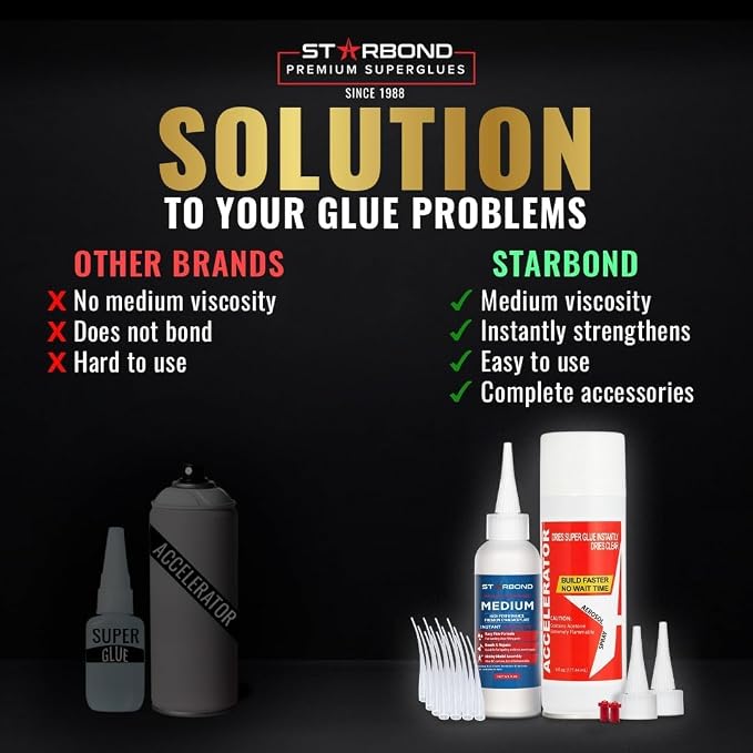 Starbond Medium CA Glue with Activator Bundle (4 oz. + 6 oz.) – Premium Cyanoacrylate Super Glue with Accelerator Kit – for Quick Repair, Woodworking, Woodturning, Crafts, Models & 3D Printing