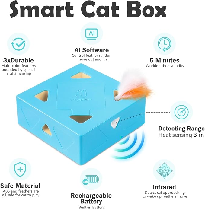 Migipaws Interactive Cat Toy -Migibox Without Popskin, Puzzle Toy for Indoor Bored Cats, Automatic Pop Out Feathers from 7 Holes Randomly, Motion Activated, USB Rechargeable(Blue)