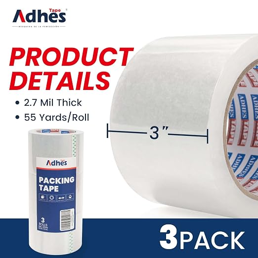ADHES Packaging Tape 2.7MIL Heavy Duty Packing Tape Mailing Tape,3 Rolls, 3" x 165 ft (55 Yards) Clear Shipping Tape, Ultra-Strong & Durable for Packaging, Moving, Mailing, and Sealing