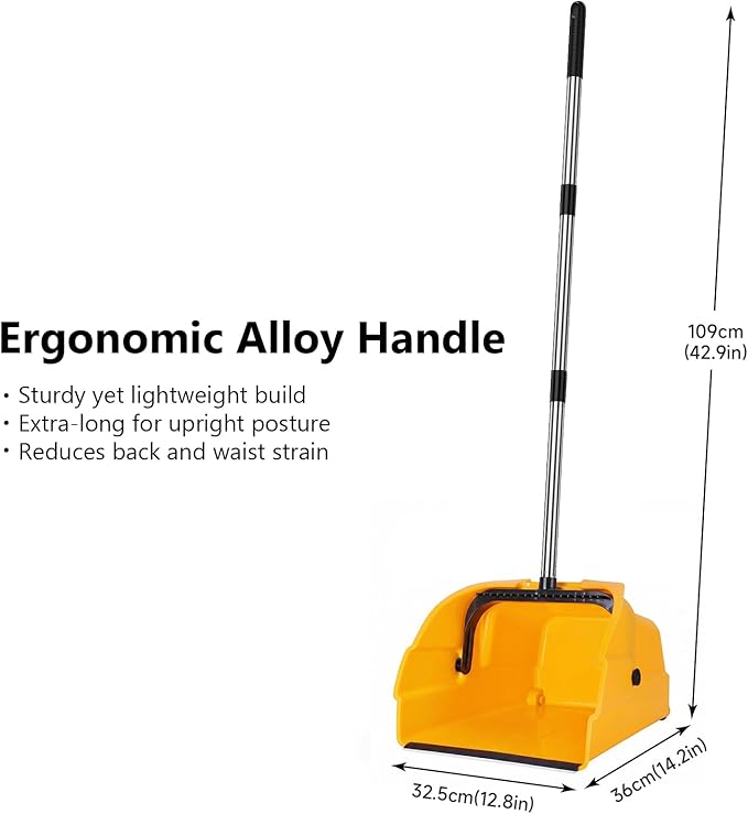 Jumbo Commercial Dustpan with Wheels & Comb Teeth - Heavy Duty 14.2" Rolling Debris Pan - Long Handle Extra Large Upright Dust Pan for Industrial Warehouse Garage Restaurant Sidewalk Outdoor - Yellow