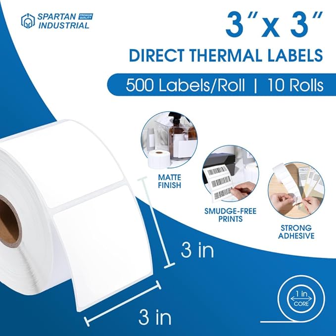 Spartan Industrial - 3" X 3" Square Direct Thermal Labels (5000 Count, 10 Roll) Product Packaging Stickers, QR Code Stickers, Barcode Labels for Branding - Compatible with Zebra and Rollo Printers