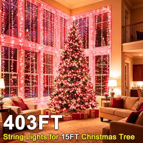 KNONEW 403FT 1000 LED Christmas String Lights Outdoor Green Wire Fairy Light 8 Modes & Timer Plug in Waterproof LED String Lights for Xmas Yard Tree Wedding Party Holiday Decorations(Red)