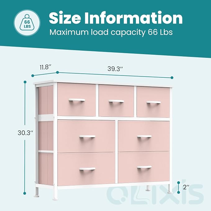 OLIXIS 7 Drawers Dresser for Bedroom, Fabric Storage Tower for Living Room, Entryway - Sturdy Steel Frame, Wooden Top and Easy Pull Fabric Bins, Closet Chests Organizer for Clothes,Pink