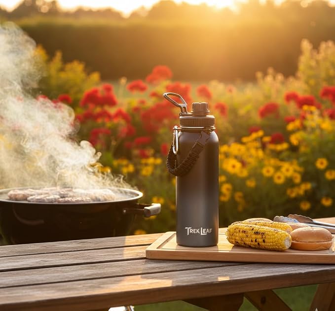 Travel Water Bottle with Carrying Bag, 3 Lids (Spout, Straw, Handle), and Bottle Brush; Leak Proof, Quality, Vacuum Insulated, Stainless Steel (Charcoal Fog, 40 oz)