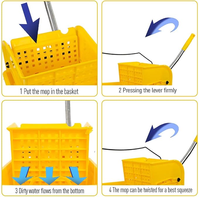 Mop and Bucket with Wringer Set, Janitorial Cart Spring Wringer on Wheels for Home & Industrial, Mop Bucket & Side Wringer Combo for Home Office Cleaning (1PC Yellow)