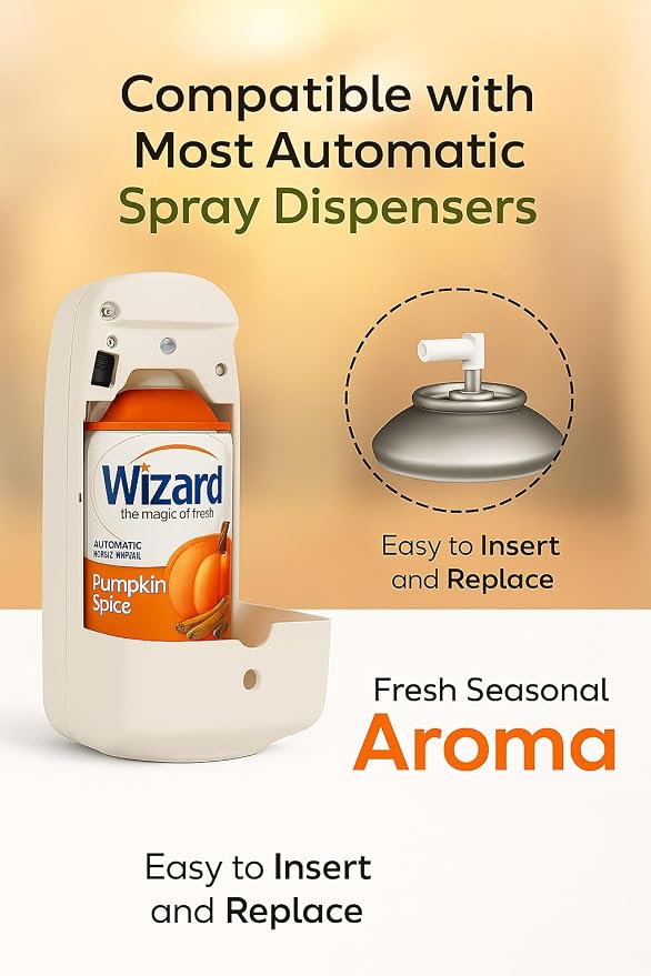 Wizard Automatic Spray Refill – Pumpkin Spice, 5 oz (12 Pack) | Compatible with Air Wick Freshmatic & Glade Dispensers | Long Lasting Odor Neutralizer for Home & Office