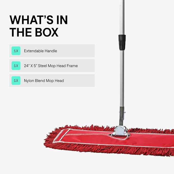 24 Inch Red Commercial Dust Mop & Floor Sweeper with Extendable Handle – Mop for Hardwood, Tile, and Concrete Floor Cleaning