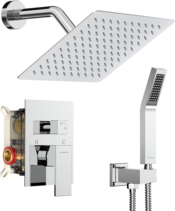 SR SUN RISE Shower System - Shower Faucet Set with 8 Inch Rain Shower Head and Handheld Shower - High Pressure Rain Shower System - All Metal Shower Faucet Trim Repair Kits - Polished Chrome