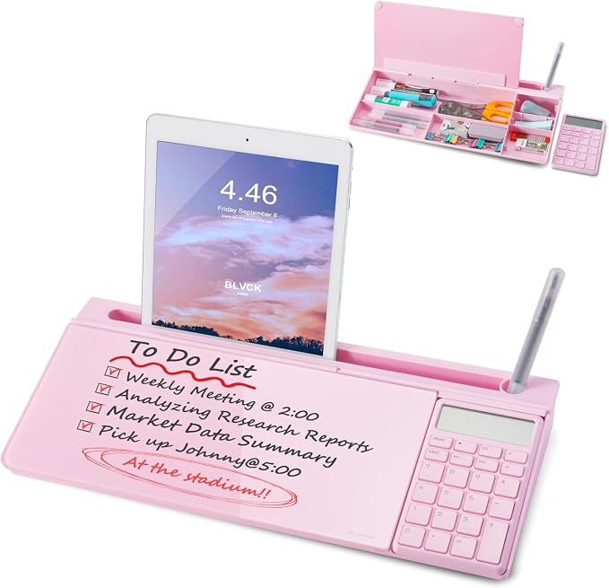 Small Glass Desktop Whiteboard Dry-Erase-Board - Computer Keyboard Stand with Calculator White Board Surface Pad with Drawer, Desk Organizers with Accessories for Office, Home, School Supplies - Pink