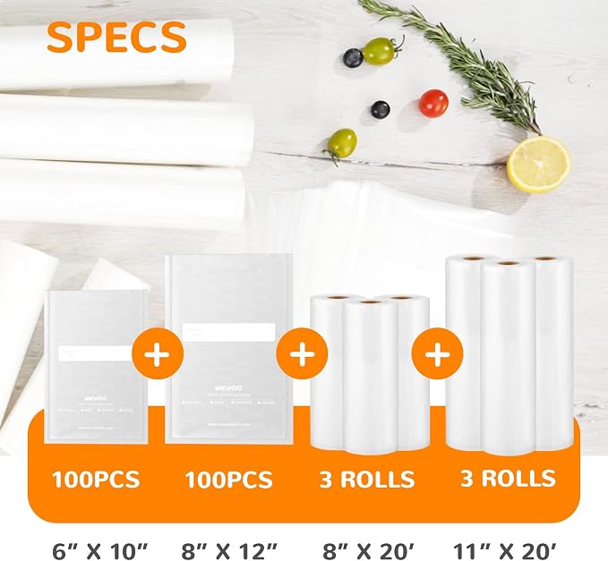 Wevac Vacuum Sealer Bags, Multiple Sizes, 200Pack Precut Bags, 6 Vac Rolls | 11''x20', 8''x20' 3 Rolls, Quart 8"x12" ,Pint 6"x10" 100pcs, BPA Free, Bulk Food Storage, Meat, Work with All the Vacuumer
