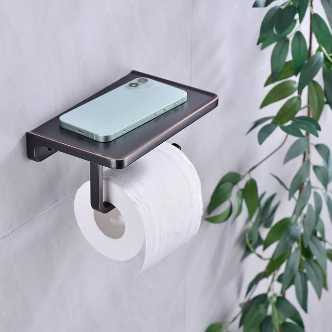 Toilet Paper Holder with Phone Shelf ORB Bathroom Wall Mounted Tissue Roll Dispenser Storage, Oil Rubbed Bronze