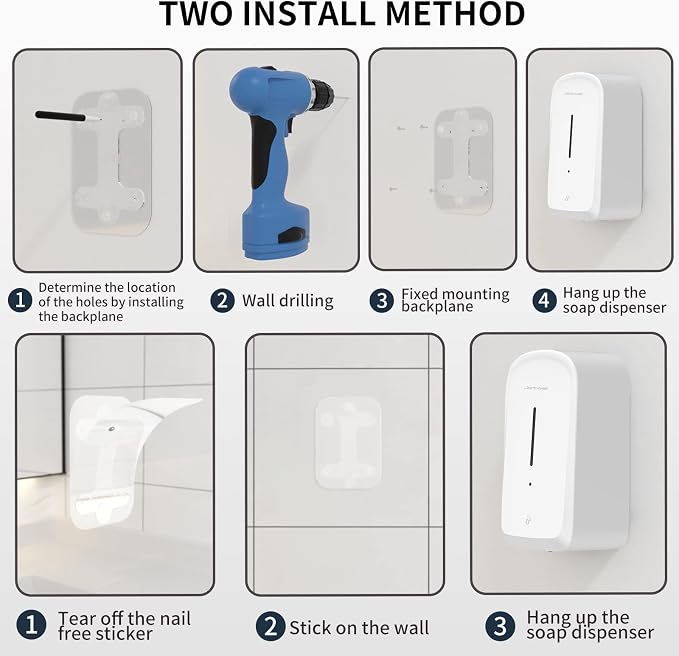 JETWELL Touchless Wall Mount White ABS Plastic Soap Dispenser 34OZ/1000ML | Large Capacity, Battery Powered, Liquid Soap, Commercial & Home Use