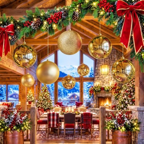 Jenaai 12 Pcs Large Gold Christmas Ball Ornaments, 8 Inch Big Oversized Shatterproof Christmas Tree Decorations Matte Glitter Giant Jumbo Plastic Hanging Baubles for Xmas Holiday Party Indoor Outdoor