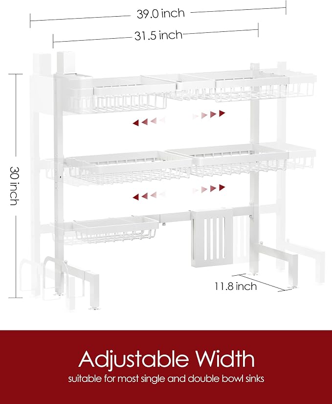 Sakugi Dish Drying Rack Over The Sink, Dish Drainer for Kitchen Counter | Stainless Steel Storage Organizer with Utensil Knife Holder & Hooks, Adjustable 11.8"Dx31.5"~39"Wx30"H, White