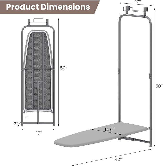 COSTWAY Over the Door Ironing Board, Space-Saving Metal Hanging Iron Board | Iron Holder & Cotton Cover, Compact Fold Down Iron Stand for Home, Apartment, Laundry Room, Dorm, 42"L x 17"W x 50"H