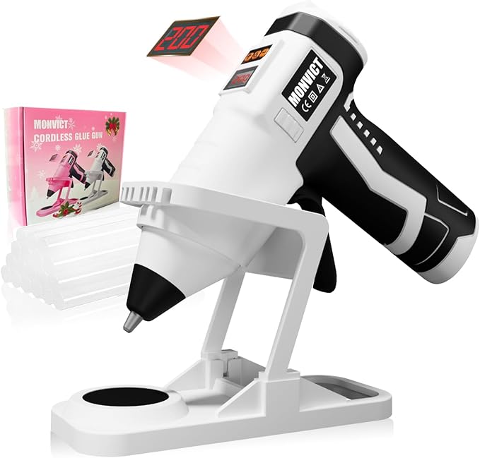 MONVICT Cordless Digital Display Hot Glue Gun with Holder Base | Adjustable Temp,Smart Auto-Off,Silicone Pad,7.4V 2.6Ah Rechargeable Battery, Full Size, Handheld Electric,10 Glue Sticks