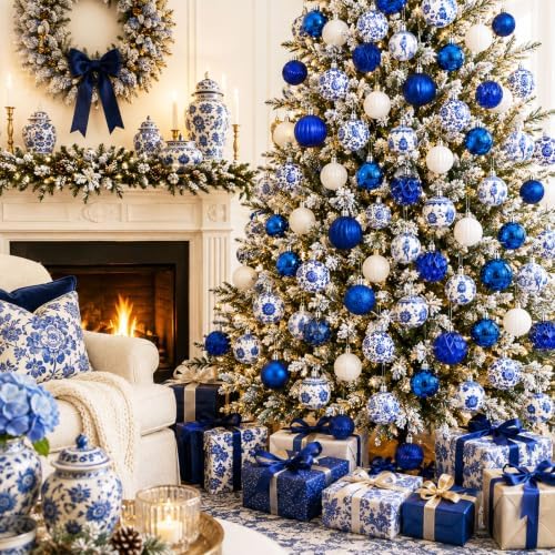 Lunmon 64 Pcs Chinoiserie Christmas Ornaments Blue and White Xmas Bulbs