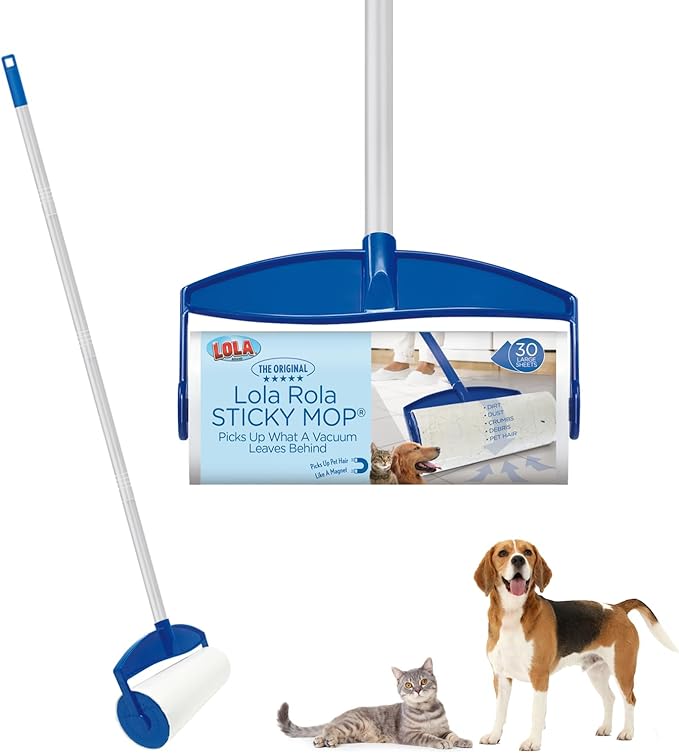 LOLA Rola PET Hair Remover Sticky Mop, Giant Floor Lint Roller, 9" x 3.5", Aluminum Handle, Largest Head, Traps Hair, Dust, Dirt, Extra Sticky Sheets