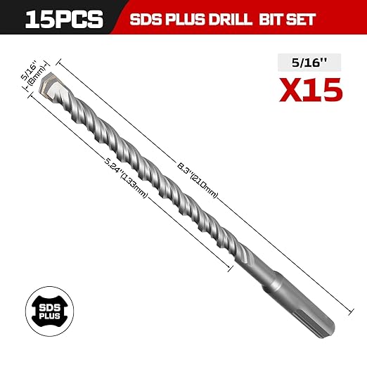 GEINXURN 15 PCS 5/16" x 8" Double Thread Rotary Hammer Drill Bits, Masonry Drill Bits Tool Set Carbide Tipped, Drilling in Brick, Stone and Concrete, Cement Walls