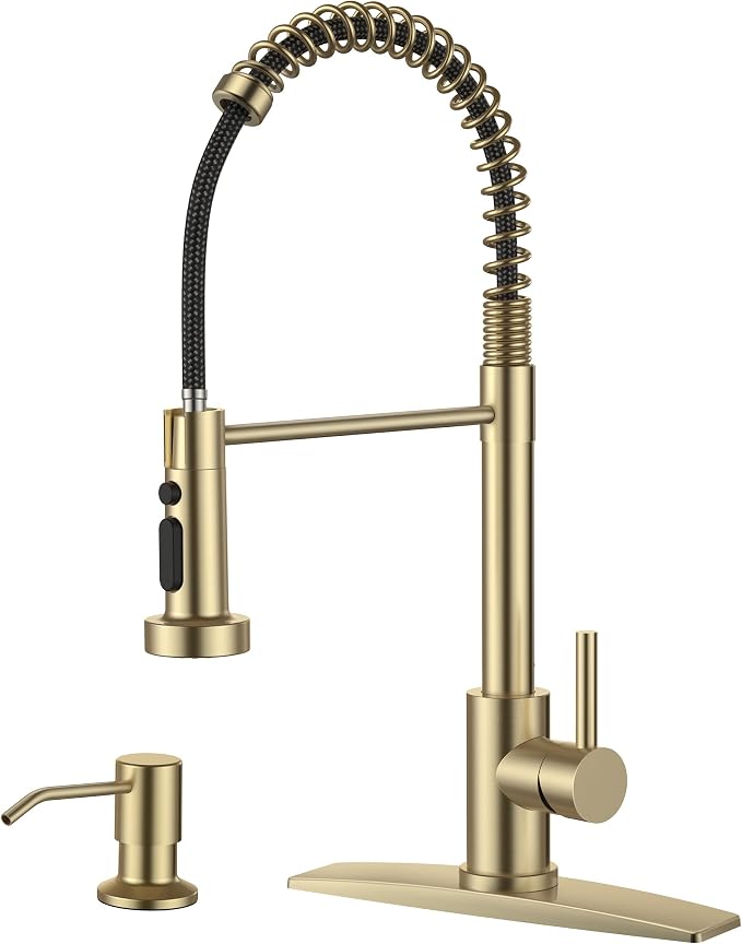 FORIOUS Kitchen Faucet with Soap Dispenser, Gold Stainless Steel Single Handle Modern Spring Commercial Sink Faucet with Pull Down Sprayer for Laundry & Utility Room RV Camp Bar Farmhouse