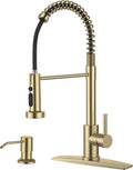 FORIOUS Kitchen Faucet with Soap Dispenser, Gold Stainless Steel Single Handle Modern Spring Commercial Sink Faucet with Pull Down Sprayer for Laundry & Utility Room RV Camp Bar Farmhouse