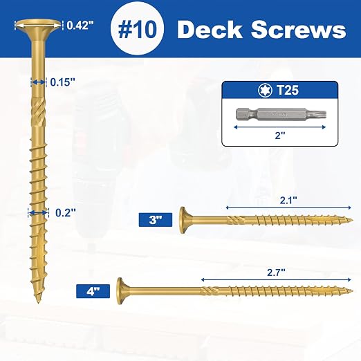 #10 x 4” Deck Screws, 500Pcs Star Drive Wood Screws | Rust Resistant Timber Screws for Timber/Log/Landscaping Wood, T25 Star Bit Included, Yellow