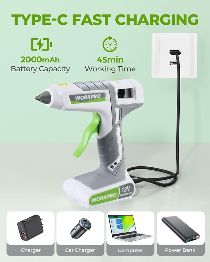 WORKPRO Full Size Cordless Hot Melt Glue Gun - 12V Rechargeable Fast Preheating Glue Gun Kit with 15pcs Full Size Glue Sticks, Auto Power-off Glue Gun for DIY Project, Art, Craft, Decoration - White