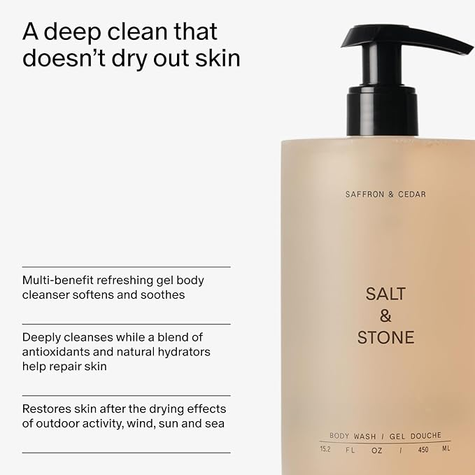 Salt & Stone Body Wash with Antioxidants for Deep Moisture | For Women & Men, Sulfate, Paraben, & Dye Free, Leaving Skin Soft and Hydrated | Saffron & Cedar 15.2 fl oz