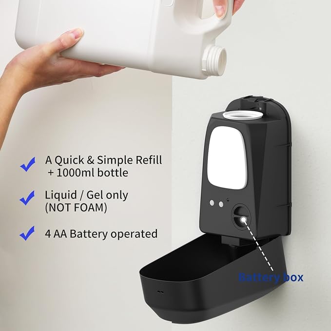 JETWELL Touchless Wall Mount Stainless Steel Soap Dispenser 34OZ/1000ML | Black Matte Cover, Large Capacity, Battery Powered, Liquid Soap, Commercial & Home Use