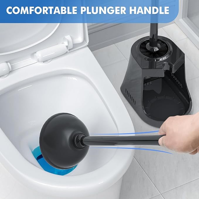 Toilet Plunger and Brush, 2 Pack Bowl Brush and Heavy Duty Toilet Plunger Set with Ventilated Holder, 2-in-1 Toilet Brush and Plunger Combo for Bathroom Cleaning (Black)