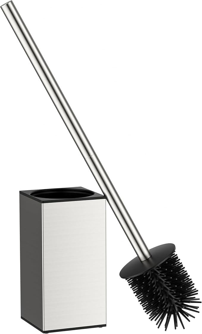 FORIOUS Short Toilet Brush and Holder Set, Heavy Duty 304 Stainless Steel Base Square and Long Handle for Bathroom Deep Cleaning, Space Saving for Storage, 2 Toilet Bowl Brush Head, Brushed Nickel