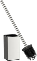 FORIOUS Short Toilet Brush and Holder Set, Heavy Duty 304 Stainless Steel Base Square and Long Handle for Bathroom Deep Cleaning, Space Saving for Storage, 2 Toilet Bowl Brush Head, Brushed Nickel