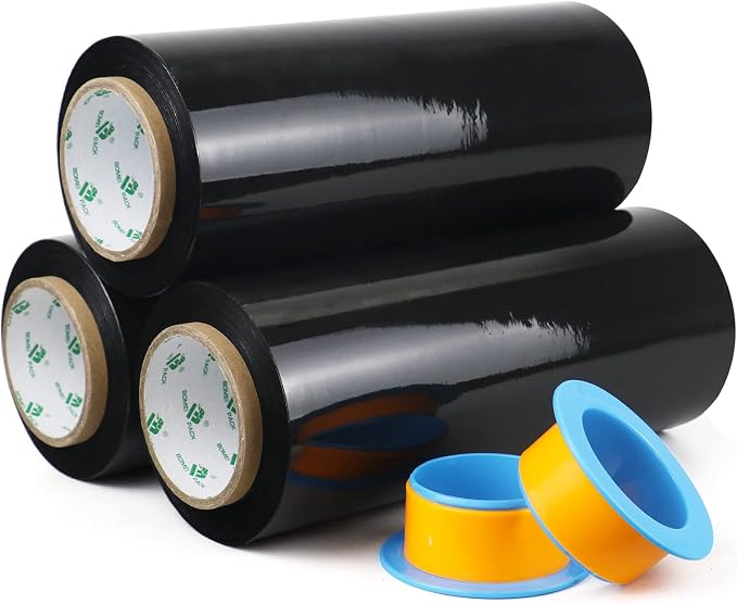 BOMEI PACK Black Stretch Wrap Industrial Strength with Plastic Handle 12" x 1000 Feet 80 Gauge 3-Pack, Black Shrink Wrap, Self-Adhering Black Plastic Wrap for Shipping, Moving