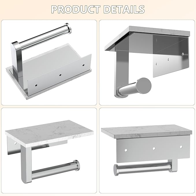 Marble Toilet Paper Holder with Shelf, Evolvegoods Chrome Bathroom Toilet Paper Holder Wall Mount, 304 Stainless Steel Modern Toilet Paper Roll Holder Storage Tissue Holder