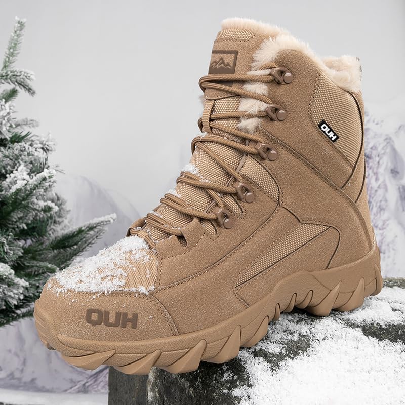 QUH Winter Snow Boots Waterproof Military Training Fur Lined Anti Slip Warm Boots Thickened Cotton Walking Ankle Boots For Man