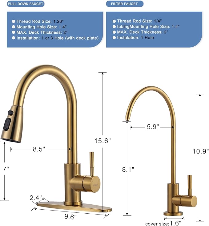 Kitchen Faucet and Water Filter Faucet Combo, WOWOW Stainless Steel Kitchen Sink Faucet with Drinking Water Faucet for Reverse Osmosis or Water Filtration System, Brushed Gold